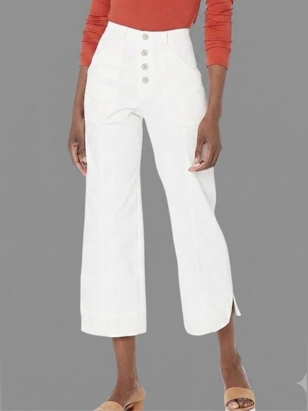 Cinq a Sept Benji High Waist Wide Leg Cropped Button Up Jeans White Womens 6
